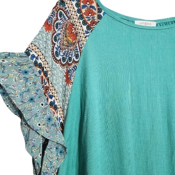 Umgee Linen Blend Boho Ruffle Floral Sleeve Swing Mini Dress M - Picture 3 of 5